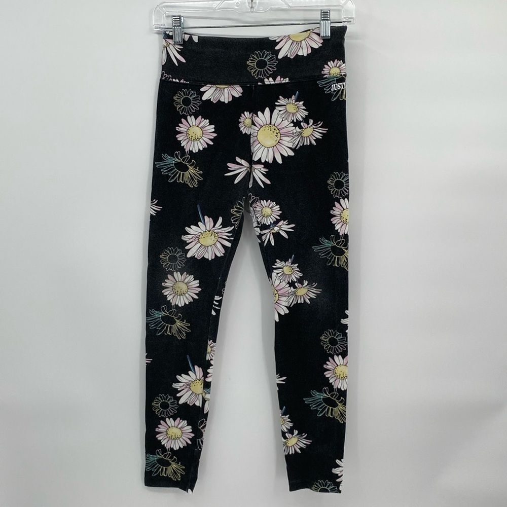 Justice Black Floral White Daisy Elastic Waist Leggings XL 16/18